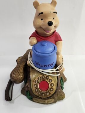Vintage Winnie the Pooh and Piglet Talking Animated Telephone, blue "Hunny" pot